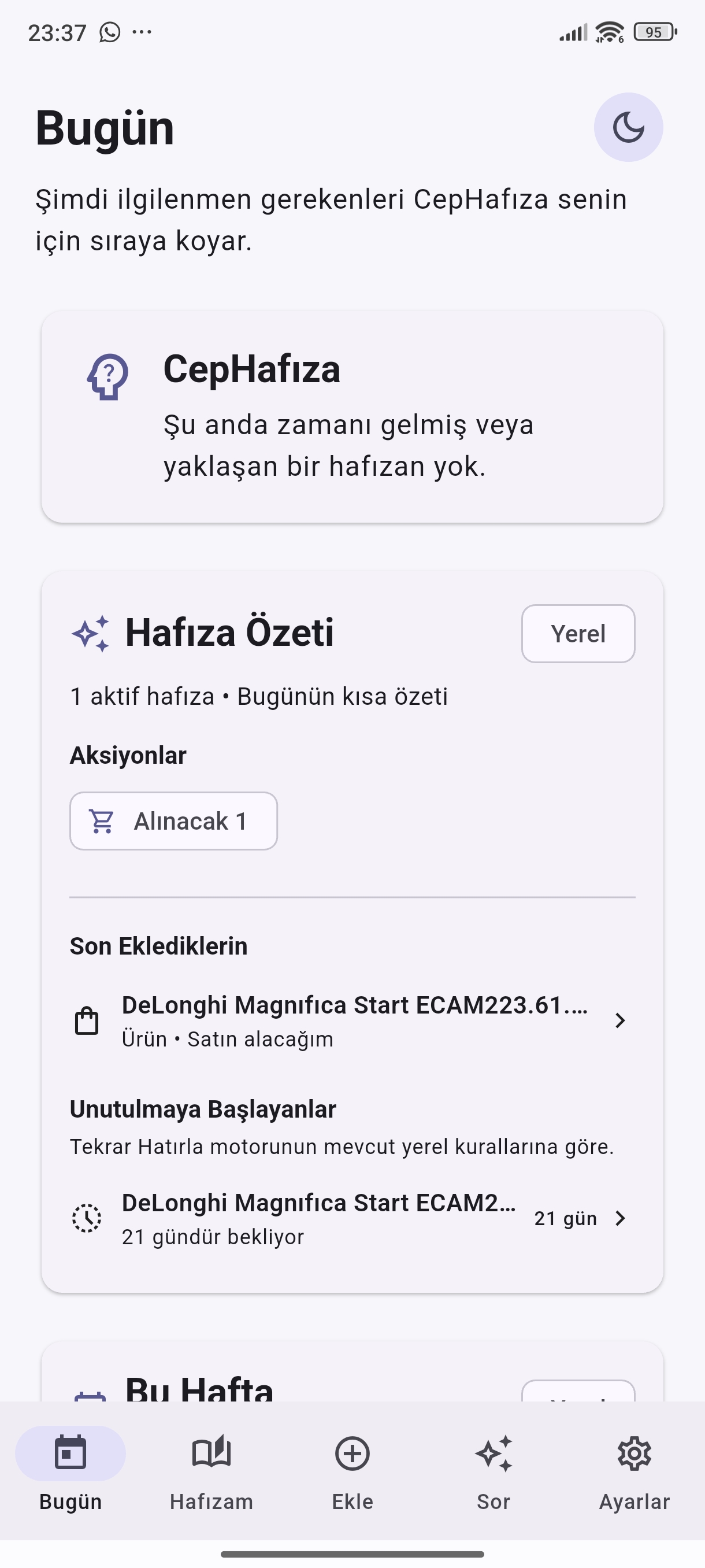 CepHafıza uygulaması Bugün ekranı