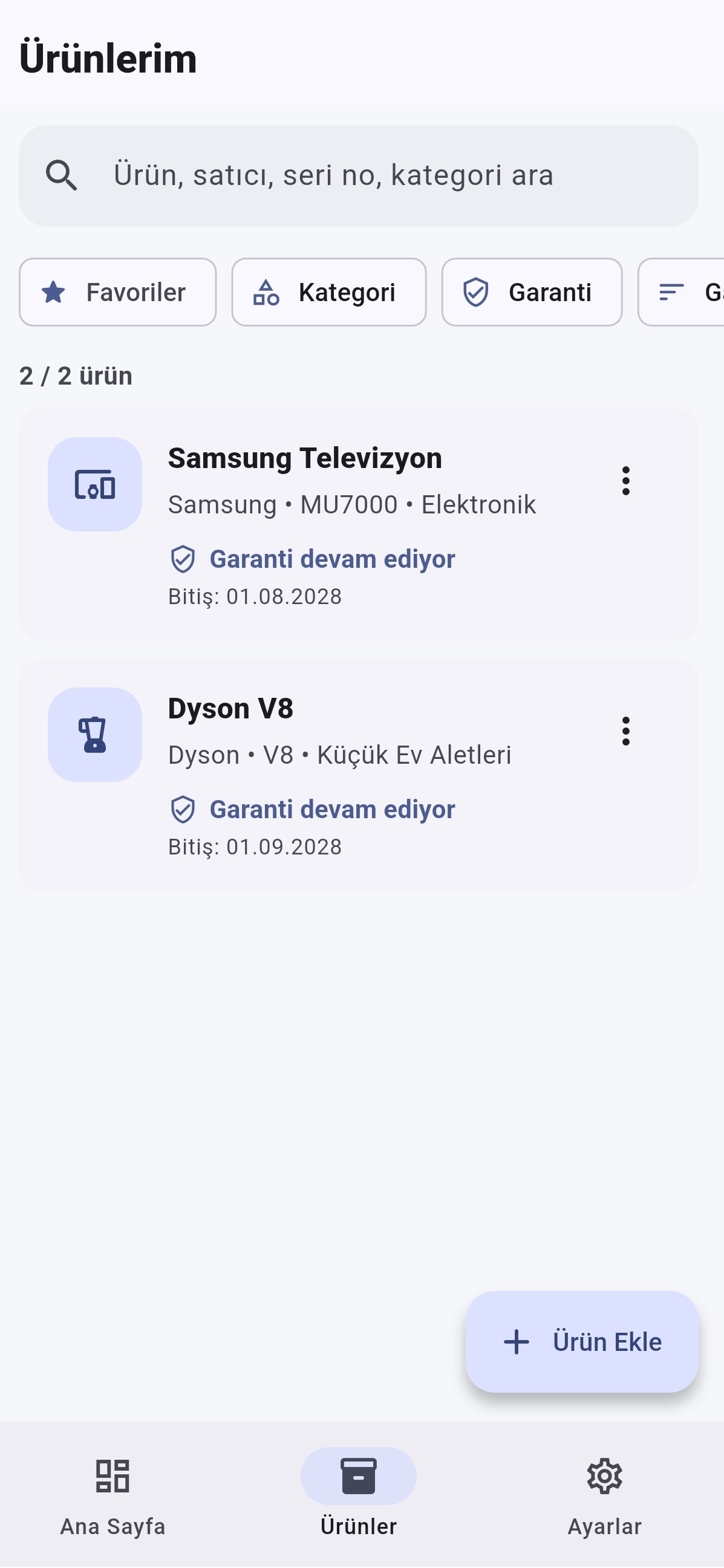 Garanti Cebimde ürünler ekranı