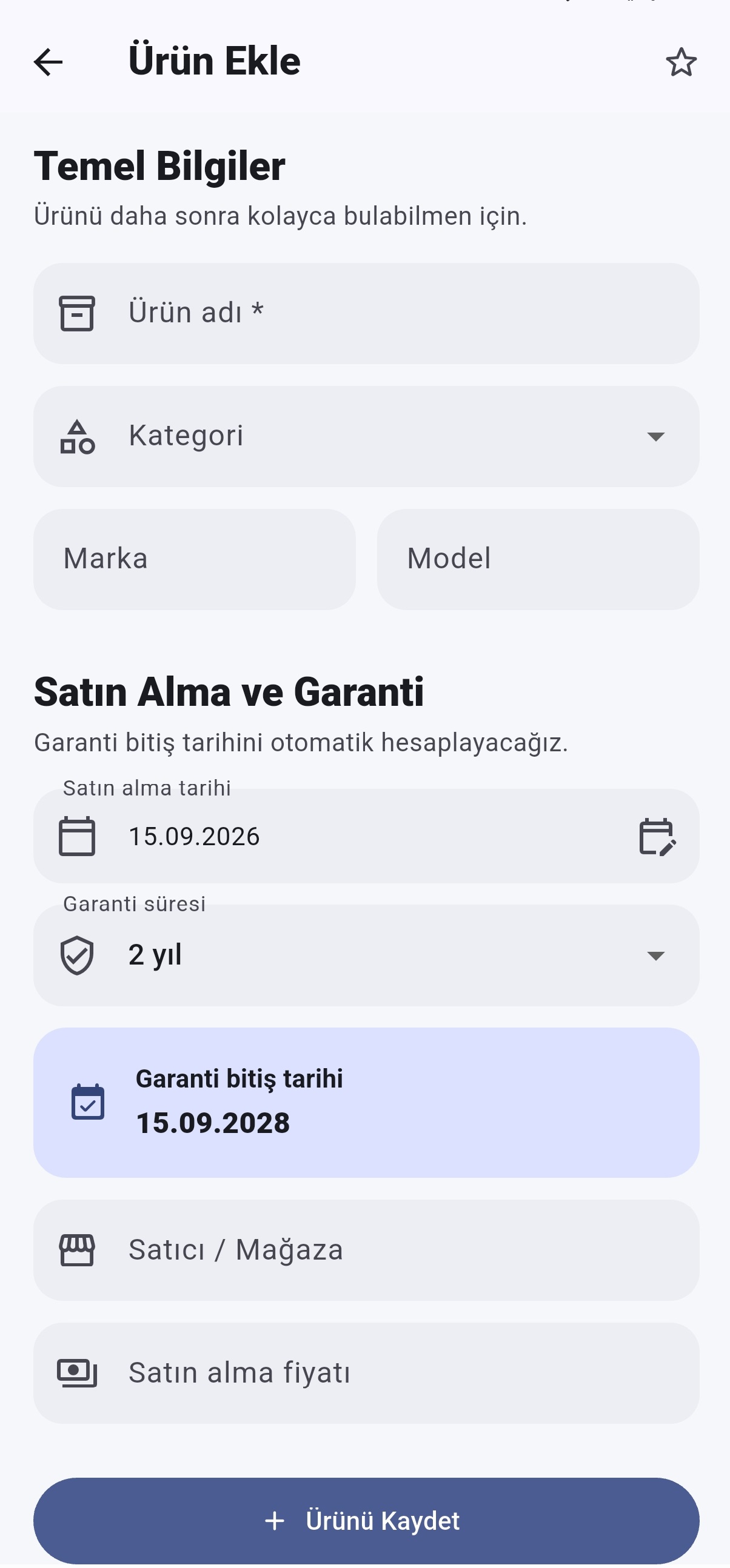Garanti Cebimde ürün ekleme ekranı