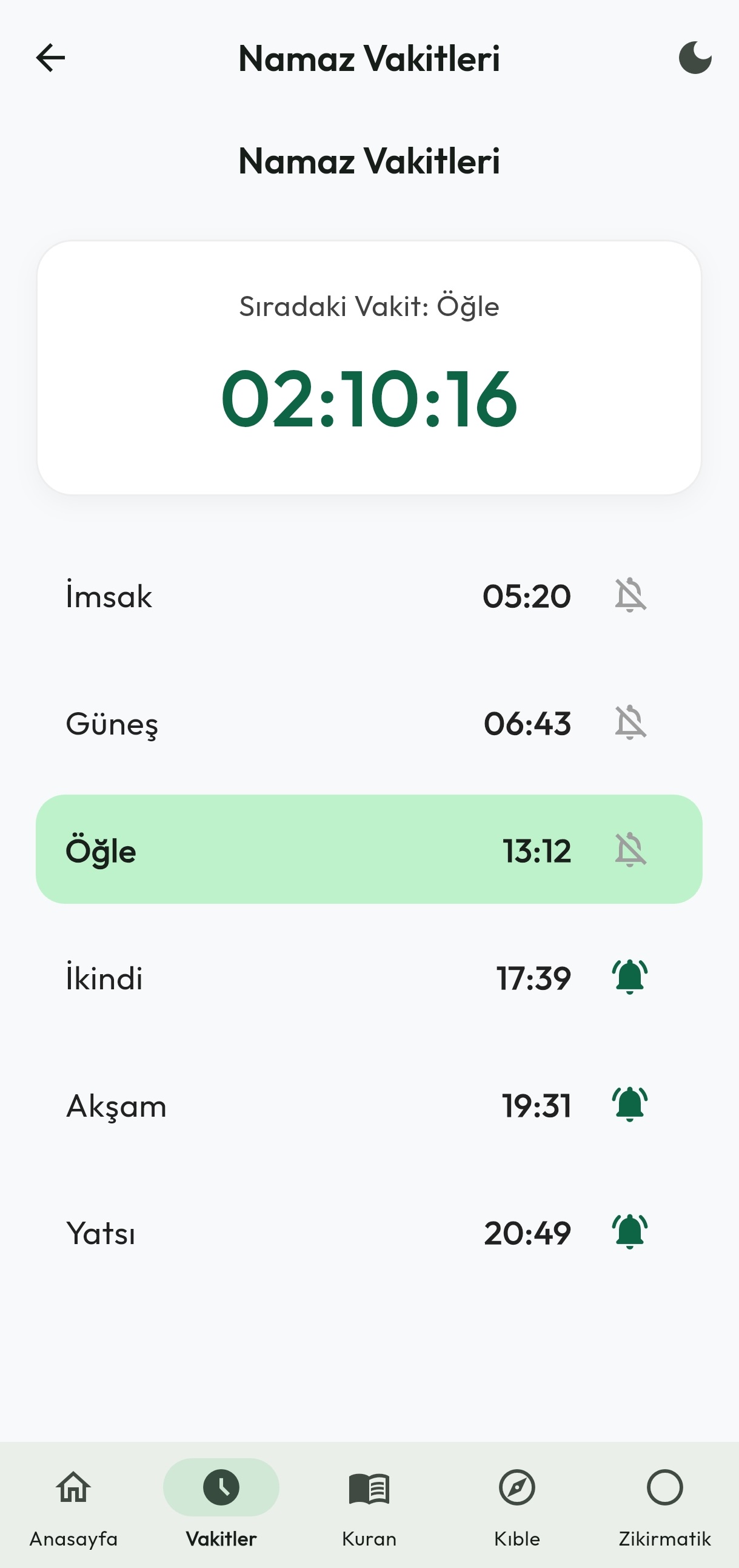 Namaz Vakitleri Ekranı