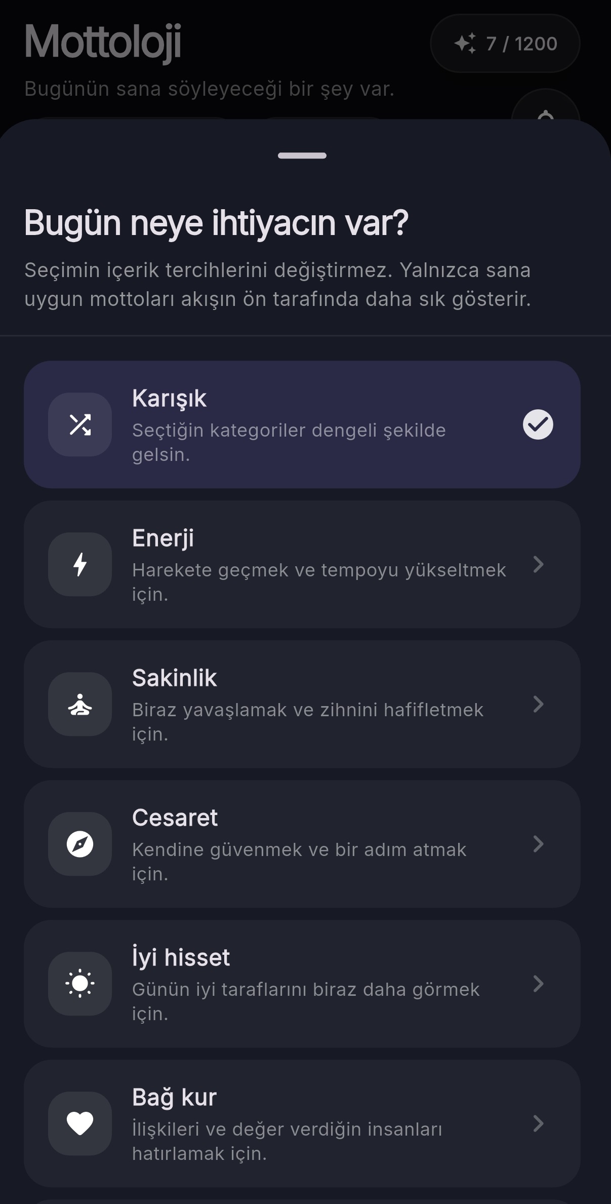 Mottoloji Günlük Odak ekranı