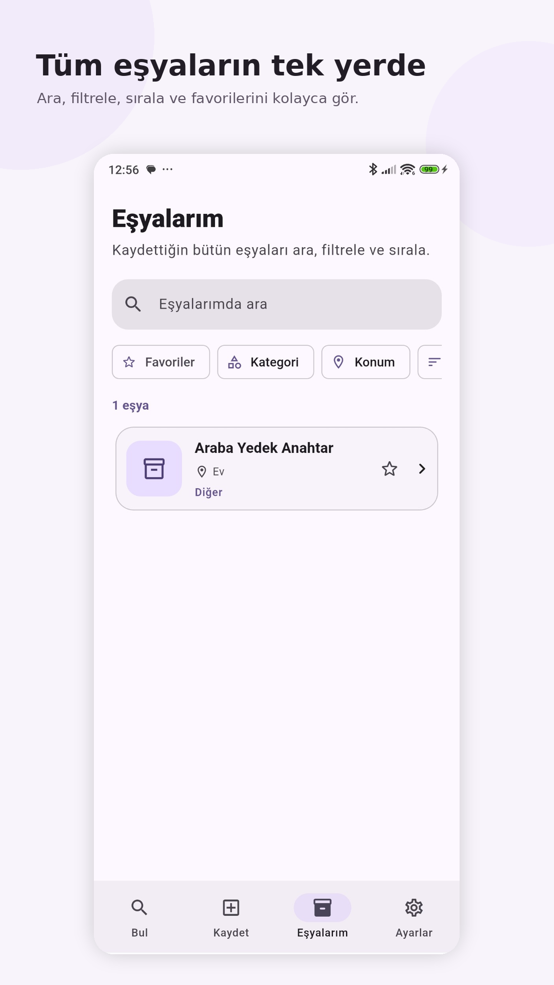 Nereye Koydum? ayarlar ve gizlilik ekranı
