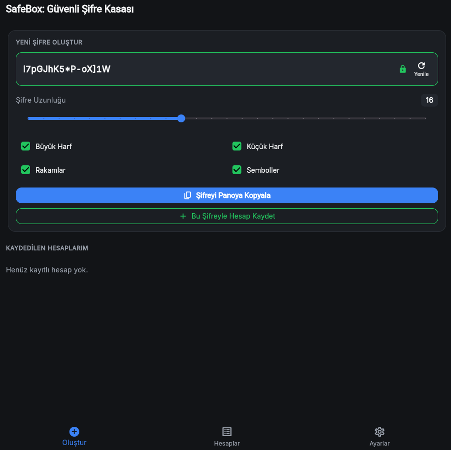 SafeBox güçlü şifre oluşturma ekranı
