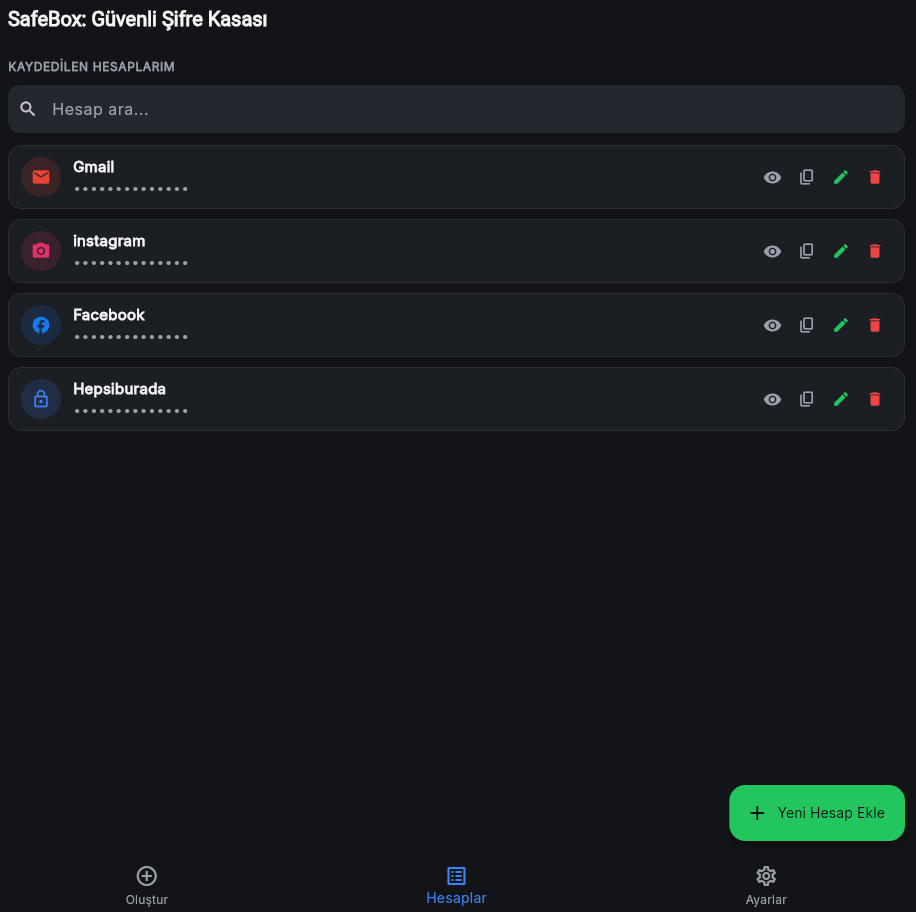 SafeBox kayıtlı hesaplar ekranı