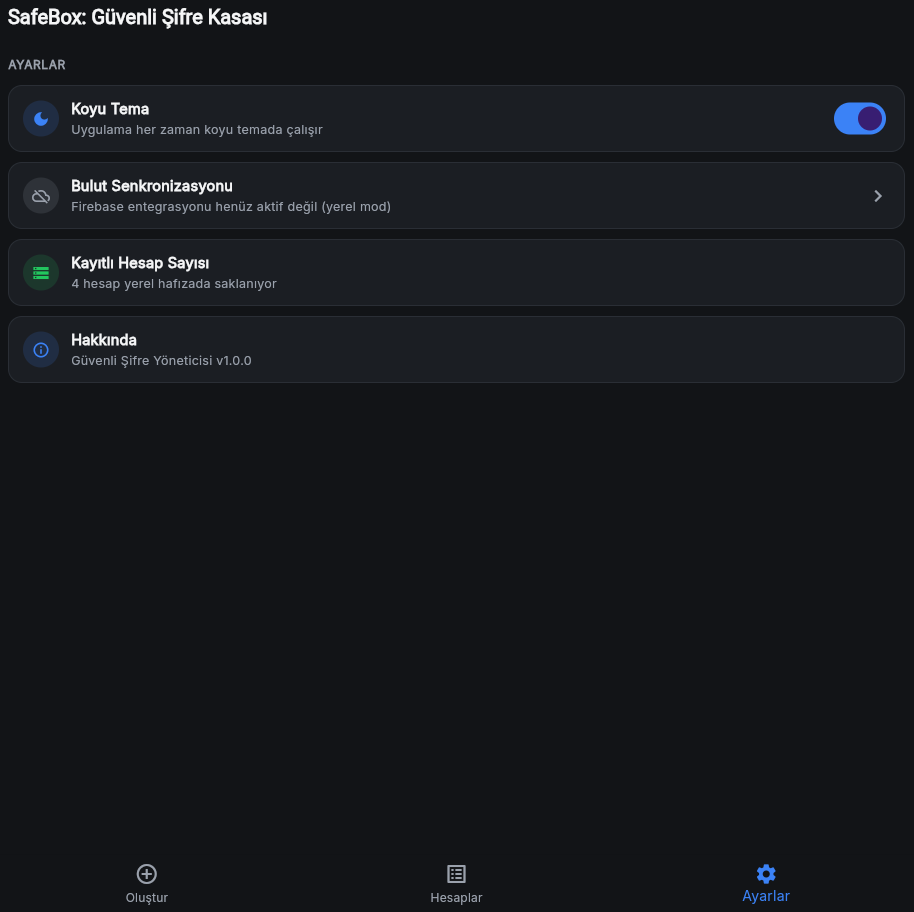 SafeBox ayarlar ekranı
