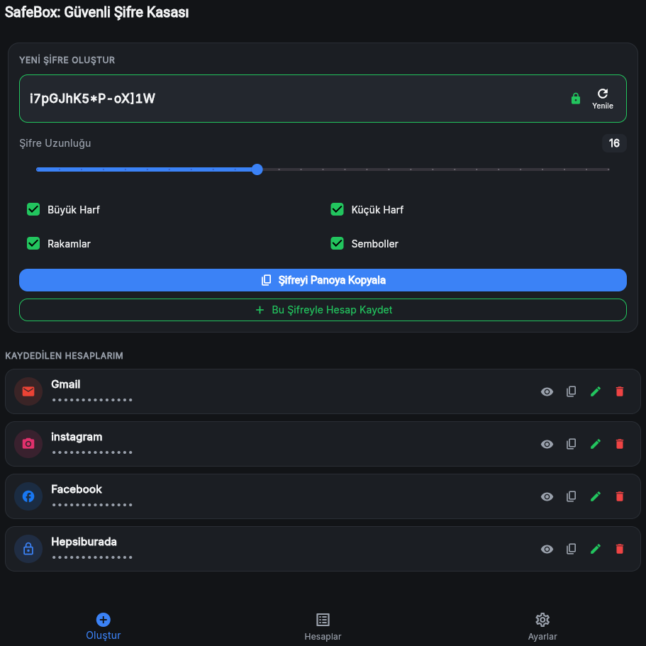 SafeBox şifre oluşturucu ve kayıtlı hesaplar