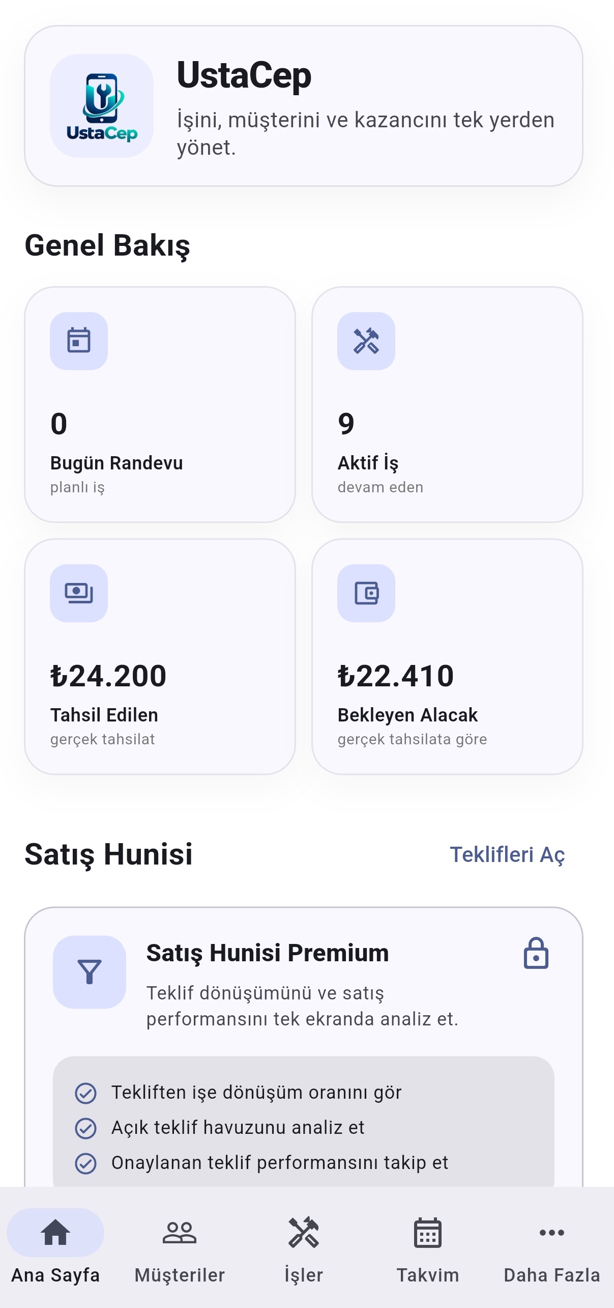 UstaCep ana sayfa ve genel bakış ekranı
