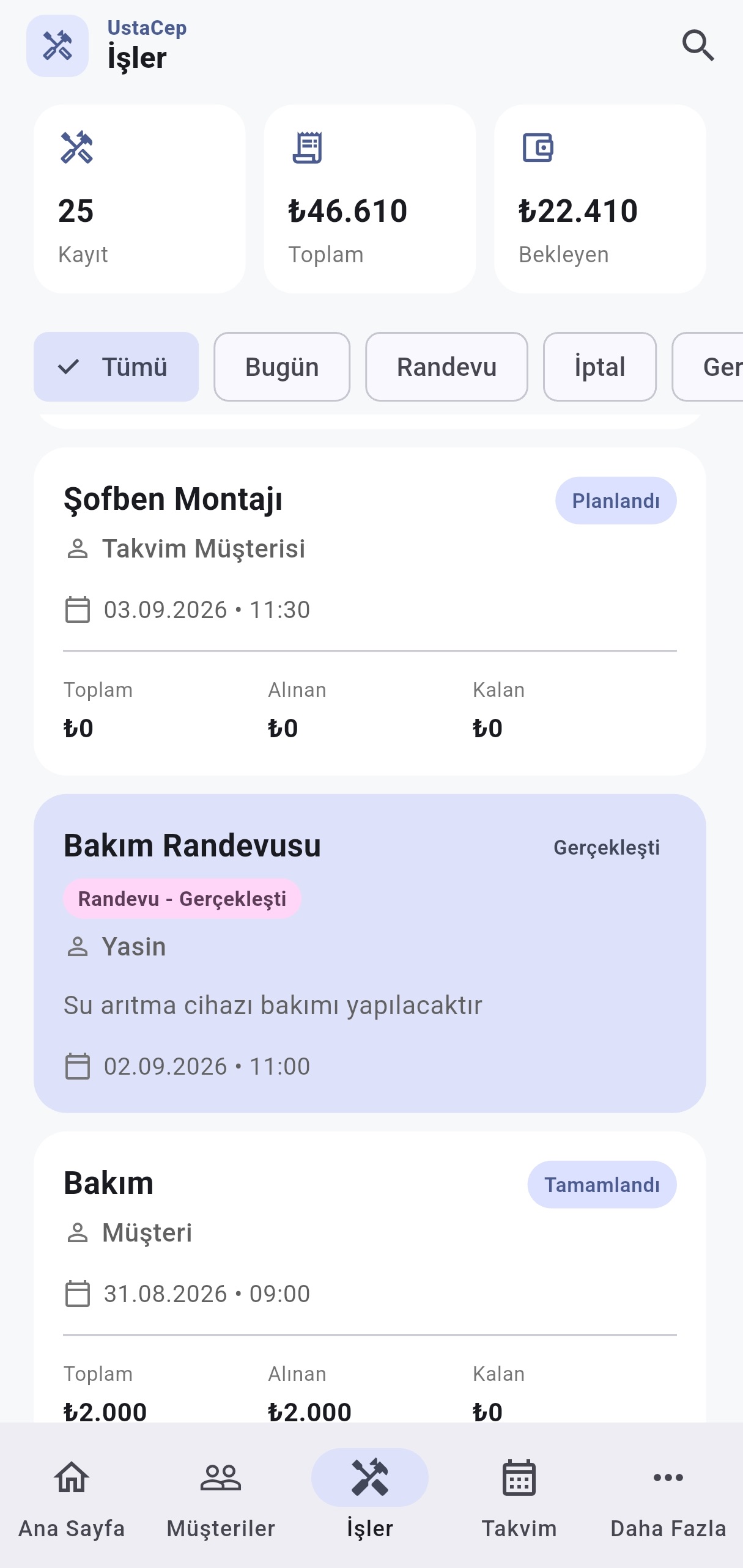 UstaCep iş ve servis takip ekranı