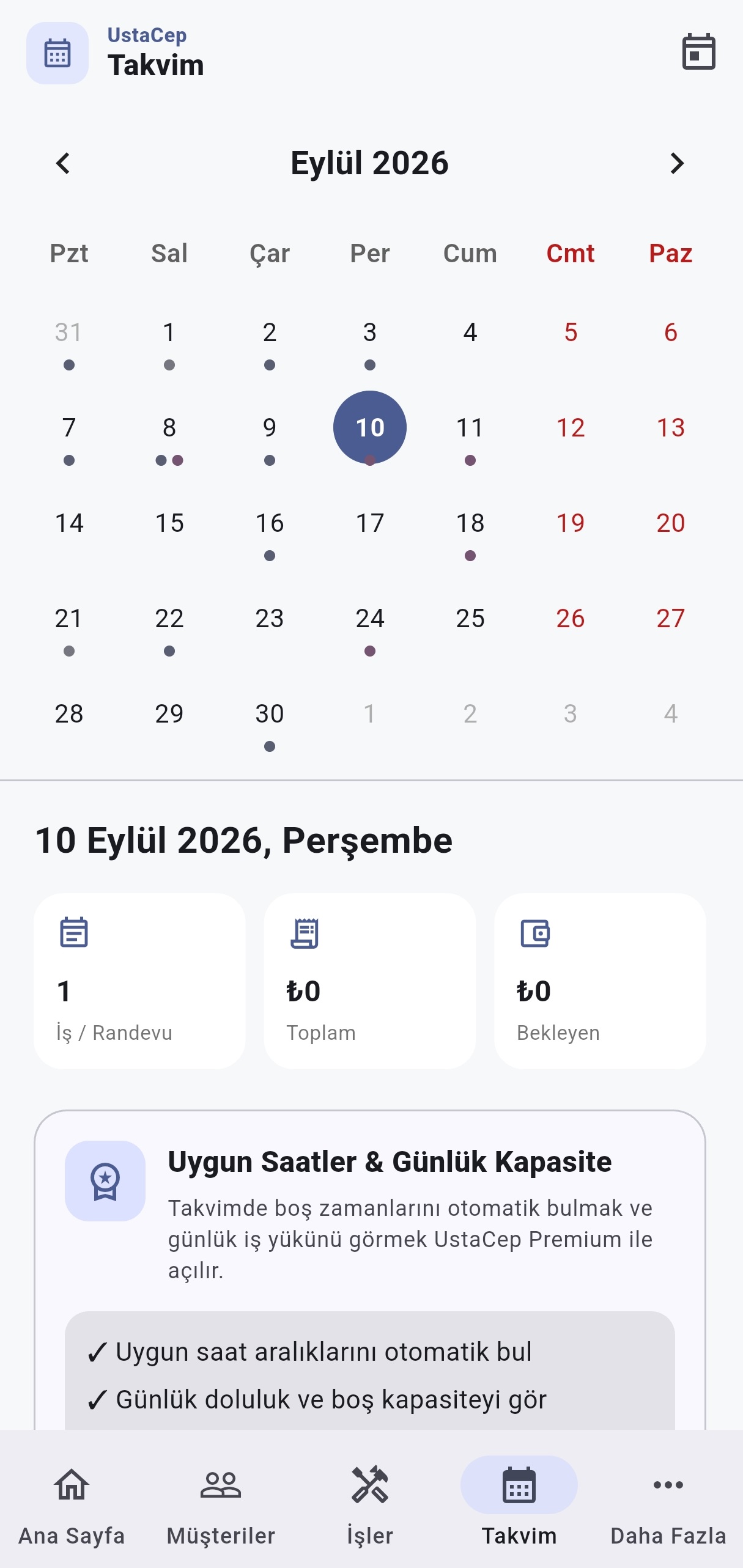UstaCep akıllı takvim ve randevu yönetimi ekranı